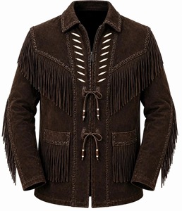 <b>Mens</b> Dark <b>Brown</b> Suede <b>Leather</b> Fringe <b>Jacket</b> with Beaded Details Western Cowboy Style - Product Image 1