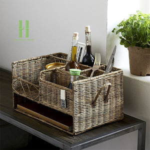 TOP SELLER Eco-Friendly Rattan <b>Kitchen</b> Utensil Organizer Basket Maddy <b>Caddy</b> Multi Compartment Storage for Spoon Fork Knife - Product Image 3