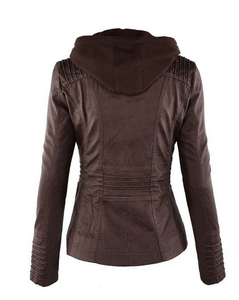 2026 Trendy Women's Brown PU <b>Leather</b> Hooded Motorcycle <b>Jacket</b> Full Sleeve Zipper Closure Windproof Autumn Wear Solid Color - Product Image 2