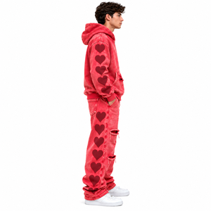 <b>Men</b>’s Red Washed Heart Print Distressed <b>Zip</b> Up Hoodie <b>Jogger</b> Set and tracksuit Custom Streetwear Fashion - Product Image 2