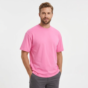 Camiseta de manga corta rosa para hombre, cuello redondo, color liso, informal, de punto, con logo frontal, transpirable, de secado rápido, lavado ácido, 100% lisa. - Product Image 3