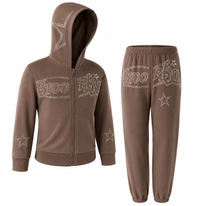 Survêtements unisexes à strass, coupe ample, sweat à capuche et pantalon évasé, pour hommes, entièrement ornés de pierres, 100% coton, épais, OEM - Product Image 6