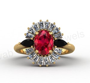 Magnifique bague de mariage en argent 925 plaqué or avec rubis, quartz noir onyx, taille ovale 7x9mm, halo de baguettes CZ, bijoux fins pour femme - Product Image 2