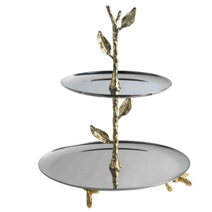 Elegante soporte de 2 niveles dorado, bandeja de metal plateado de acero inoxidable, soporte decorativo para pasteles con diseño de vid, utensilios para servir en fiestas a buen precio. - Product Image 3