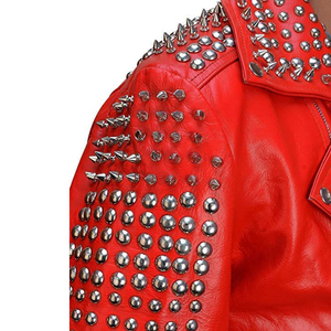 Lawd Sports Red PU Leather Unisex <b>Punk</b> Style Motorcycle <b>Jacket</b> Rivet Decoration V-neck Zipper Closure Breathable Autumn Wear - Product Image 5