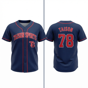 Maillot de softball unisexe 140 GSM respirant antibactérien à séchage rapide, manches courtes, maille polyester, bleu marine et rouge, passepoil contrastant, boutons - Product Image 1