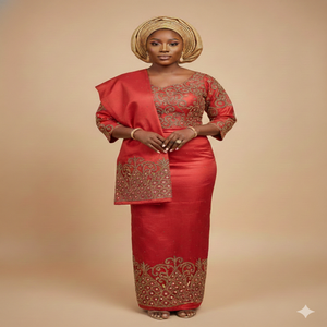 ชุดแต่งงานแบบดั้งเดิมของแอฟริกันคุณภาพพรีเมียม ผ้าลูกไม้ไนจีเรียปักมือด้วยลูกปัด 100% โพลีเอสเตอร์ สำหรับเด็กผู้หญิง - Product Image 6