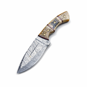 Couteau Skinner Damas fait main 9 pouces, lame fixe en acier Damas, ambidextre, style industriel, manche en corne - Product Image 1