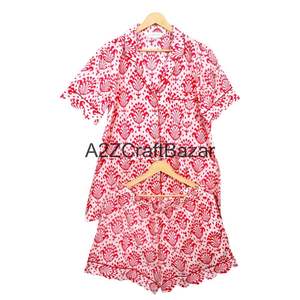 Ensemble de pyjama décontracté en coton pur 100% imprimé à la main, style kangourou, manches courtes, col en V, coupe trapèze, avec poches, doux et respirant - Product Image 5