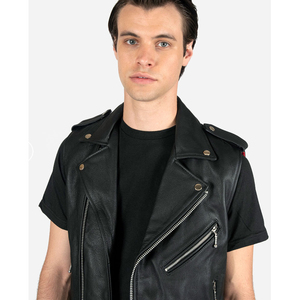 Men's Black Leather-Style Moto Vest With Zipper Closure And Pockets Regular Length Outer Wear Men's summer outerwear Solid color - Product Image 3