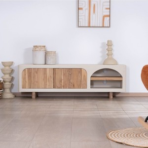 Vandana Ivory Form Contemporary TV unit with a <b>sandblasted</b> concrete and acacia wood finish Miona - Product Image 1