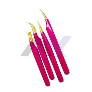 Pinzas de Acero Inoxidable de Alta Calidad para Extensión de Pestañas, Recubrimiento en Polvo Rosa, Punta Chapada en Oro Sólido, Reutilizables, Juego de 4 Piezas - Product Image 1