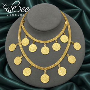 Conjunto de joyería clásico turco con monedas de lira chapadas en oro de 21k, collar de cadena plana de cobre dorado y pulsera para mujer - Product Image 2