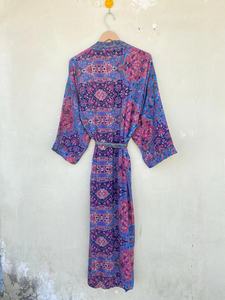 Bleu Soie À La Main Vintage Sari Kimono Robe Robe De Mariée Resort Wear Bikini Wrap Up Robe - Product Image 6