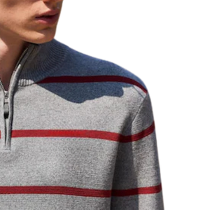 Pull en maille rayé gris et rouge en mélange de coton pour homme, col montant, manches longues, fermeture éclair quart de tour, décontracté, pour l'hiver et le quotidien - Product Image 3