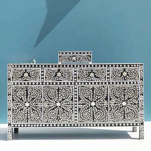 Handcrafted Bone Inlay <b>Console</b> <b>Table</b> <b>Black</b> White Geometric Pattern Bohemian Entryway Storage Cabinet Decorative Accent Furniture - Product Image 3
