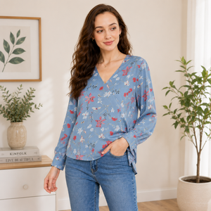 Robe en satin à imprimé floral bleu de qualité supérieure pour femmes, col en V, manches bouffantes, coupe ample décontractée, printemps-été - Product Image 2