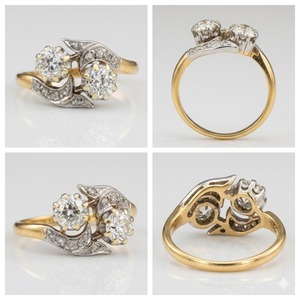 แหวนเพชรโบราณ ทองคำแท้ 14K/18K เพชรเจียระไนแบบโบราณ ดีไซน์ Toi Et Moi แหวนเพชรแบบพิเศษ เพชรเพาะเลี้ยงในห้องปฏิบัติการ สี D ความใส VVS แหวนสั่งทำพิเศษ - Product Image 2