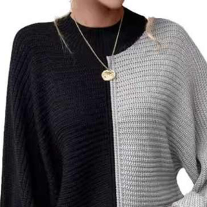 Women's Asymmetric Color Block Knitted Pullover Crew Neck Long Sleeve Batwing Sweater Anti-Pilling Autumn Wear - Product Image 6
