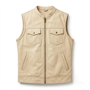 <b>Men's</b> Beige Leather Look <b>Vest</b> V-neck Single Button Closure Casual Outerwear Pockets Regular Length Solid Color Autumn Cotton - Product Image 2