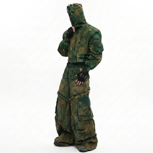 Men's Custom Winter Woven Casual Outerwear <b>Set</b> Breathable Embroidered Acid <b>Wash</b> Distressed Two-Piece Jacket Pants Spray Coated - Product Image 6