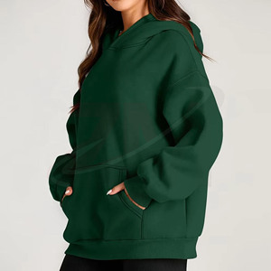 Sweat-shirt à capuche oversize vert pour femme, 100% coton molletonné, couleur unie, épaules tombantes, décontracté, automne-hiver - Product Image 3