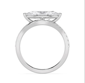 Magnifique bague à trois pierres en or rose 10K avec diamant de laboratoire taille ovale et accents demi-lune 6.30 CTW - Product Image 4