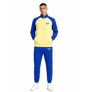 Custom Mens Blue Yellow Polyester Tracksuit Set Full Zip Track Jacket & Jogger Pants Sportswear Athletic Training <b>Suit</b> - Product Image 1