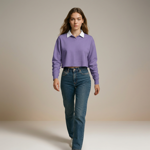 Camiseta de Punto Corta para Mujer, Transpirable, Color Morado, con Cuello Blanco, Manga Larga, Estilo Casual, Color Sólido - Product Image 5