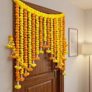Traditional Yellow Orange Marigold Flower Toran Garland with Hanging Tassels for Wedding Festival <b>Home</b> Entrance Decoration Decor - Product Image 5