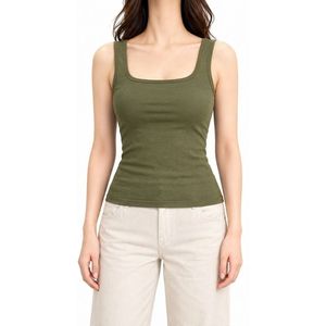 Camisetas sin mangas verde oliva de alta elasticidad, transpirables, de algodón y spandex acanalado, ajustadas, con cuello cuadrado. - Product Image 2