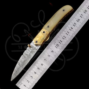 Custom Handmade Damascus Steel Pocket <b>Knife</b> <b>Handle</b> Cow <b>Bone</b> Brass Bolster With Leather Sheath Compact Folding <b>knife</b> - Product Image 5