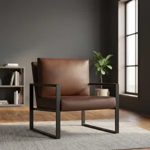 Fauteuil moderne en cuir PU marron avec structure en métal noir, assise et accoudoirs rembourrés, fauteuil lounge contemporain une place - Product Image 4