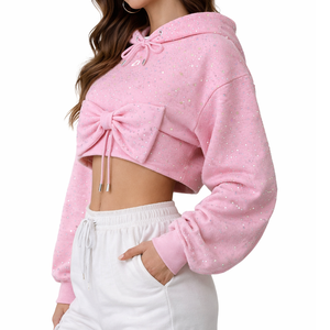Sudadera con capucha corta rosa de moda con detalle de lazo, de algodón polar, tela brillante, estilo urbano, personalizada para mujer - Product Image 3
