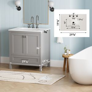 Mobile bagno freestanding da 30 pollici con piano in marmo ingegnerizzato Carrara e lavabo rettangolare in ceramica - Product Image 6