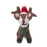 Figurine de renne de Noël faite à la main en feutre aiguilleté, en feutre de laine écologique, ornements cerf avec chapeau de Père Noël et écharpe, pour la maison, personnalisable