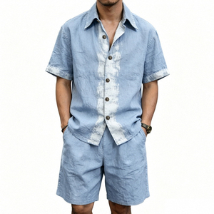 Ensemble chemise et short en lin bleu clair pour homme, tenue décontractée d'été, coton tissé respirant, ensemble deux pièces - Product Image 1
