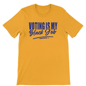 Camiseta de mujer con estampado gráfico de manga corta azul y dorado de Sigma Gamma Rho Voting Is My Black Job, top informal de moda con estampado personalizado - Product Image 1