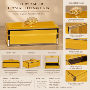 Amber Yellow Glass Jewelry Storage Box with <b>Crystal</b> <b>Cluster</b> Knob Gold Tone Finish Beveled Edges Decorative Keepsake Organizer - Product Image 5