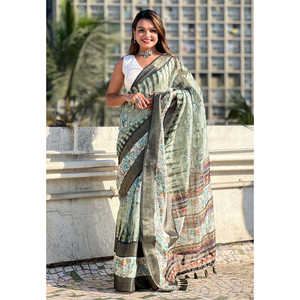 Sari en soie Chanderi froissée Elite Weaves avec bordure jacquard tissée Zari et motifs floraux, idéal pour les fêtes indiennes et pakistanaises estivales. - Product Image 1