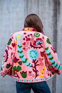 Embroidered Embossed Knitted Velvet <b>Jacket</b> Reversible Varsity Style Autumn Satin Outerwear Floral Pattern <b>Mandarin</b> <b>Collar</b> 100% - Product Image 3