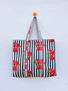 Bohemian <b>White</b> And Blue Stripped Cotton Tote <b>Bag</b> With Red Strawberry Print Summer Casual Zipper Shopping Travel Handbag - Product Image 1