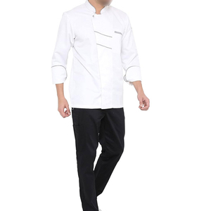 เสื้อเชฟแขนยาวสีขาวผ้าป๊อปลินติดกระดุมด้านหน้าสำหรับร้านอาหาร พร้อมรายละเอียดขอบสีเทา - Product Image 3
