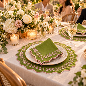 Juego de Manteles Individuales y Servilletas Bordados con Hojas Verdes y Rosas, Decoración de Mesa Redonda de Lino con Borde Festoneado, Elegante para Cenas y Festividades - Product Image 2