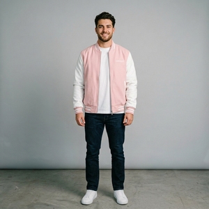 Veste en laine rose pour homme avec manches blanches, col et poignets en tricot côtelé, fermeture éclair intégrale, streetwear décontracté haut de gamme, vêtement d'extérieur bicolore personnalisé - Product Image 1