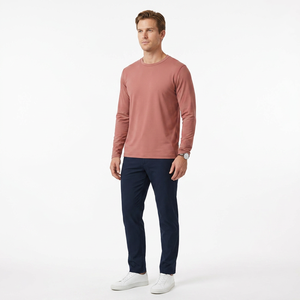 T-shirt à manches longues pour homme, coupe ajustée, couleur unie, col rond, tricoté en coton, vêtement décontracté, respirant, anti-rides, séchage rapide, écologique - Product Image 1