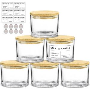 6 Pack <b>Large</b> Glass Candle Jars with Bamboo Lids Empty Vessels for Candle Making Wick Holder <b>Lanterns</b> - Product Image 1