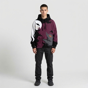 <b>Men</b>’s <b>Burgundy</b> Black Oversized Graphic <b>Hoodie</b> Applique Patchwork Bat Wing Print Heavyweight Streetwear Sweatshirt - Product Image 1