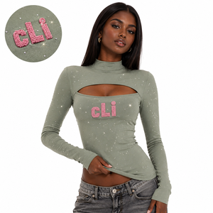 Custom Chenille Patch Crop <b>Top</b> Front Cutout women's shirt Mock Neck <b>Long</b> <b>Sleeves</b> T-Shirt Casual <b>Sparkly</b> Rhinestone Slim Fit Tee - Product Image 5