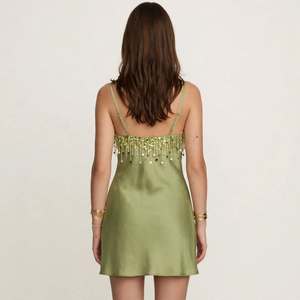 Green Satin A-Line Romantic Evening Party Dress Spaghetti Strap <b>Beaded</b> Sequin Eco-Friendly Square Neck Knee Natural <b>Waist</b> - Product Image 3